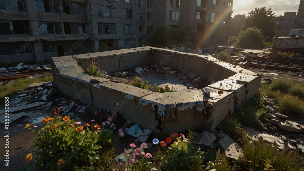 Fototapeta premium Collapsed Concrete Structures with Rainbow Refractions