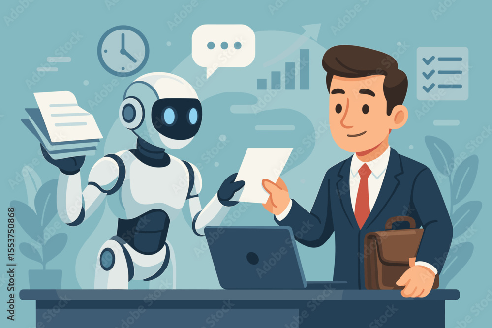 Futuristic artificial intelligence robot assistant helping businessman with office tasks, paperwork, data analysis, productivity, collaboration, technology in modern workplace, vector illustration Futuristic artificial intelligence robot assistant helping businessman with office tasks, paperwork, data analysis, productivity, collaboration, technology in modern workplace, vector illustration