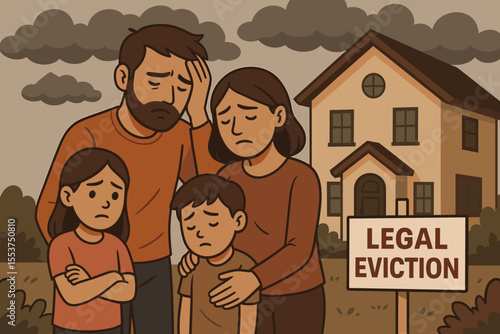 Sad Family Facing Home Eviction Crisis. Legal Foreclosure Notice. Parents and Children Standing Outside House. Financial Hardship, Homelessness, Real Estate Loss, Vector Cartoon Illustration