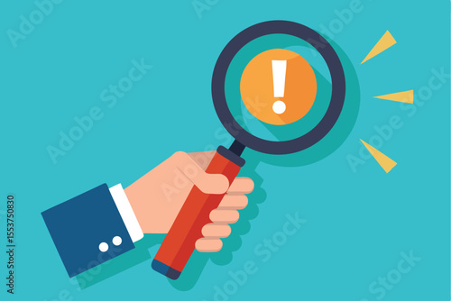 Magnifying glass held in a human hand highlights an attention-grabbing exclamation mark on a bright blue background during a focused moment of discovery