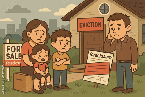Sad family eviction foreclosure crisis, cartoon vector illustration. Homelessness, financial hardship, worried parents, crying children, for sale sign, house loss, real estate problem, economic stress
