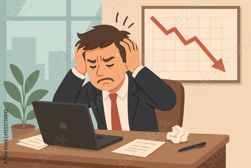 Stressed businessman at office desk overwhelmed by financial loss, market crash, declining sales, business failure, economic crisis, frustration, anxiety, downward graph, corporate disappointment