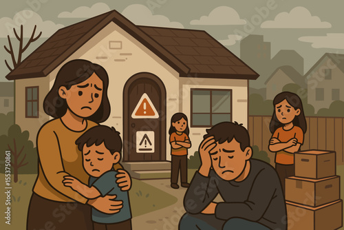 Family Facing Home Foreclosure and Eviction, Financial Crisis, Stress, Moving Out, Mortgage Debt, Sad Parents and Children, Real Estate Problem, Urban Neighborhood, Vector Cartoon Illustration