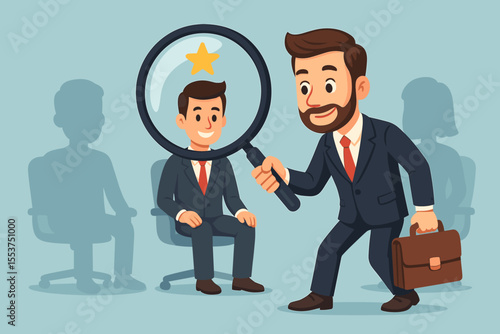 HR recruitment concept. Businessman with magnifying glass selecting best candidate. Job interview, talent search, employee selection, human resources, hiring process. Cartoon vector illustration