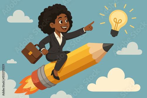 Ambitious African American businesswoman riding rocket pencil, pointing at lightbulb, creative leadership, innovation, business growth, inspiration, success, cartoon vector illustration