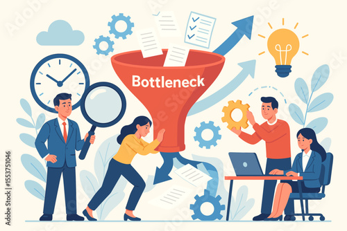 Business Workflow Bottleneck Concept. Team Identifies and Solves Process Obstacles. Efficiency Improvement, Productivity Optimization, Time Management, Problem Solving. Vector Illustration
