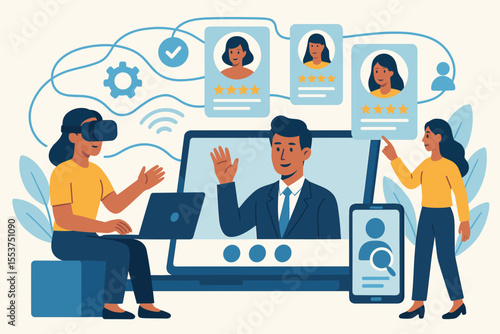 Virtual Reality Recruitment and Talent Management Process. Online Job Interview, HR Selection, Employee Assessment, Remote Hiring, Digital Candidate Evaluation, Modern Human Resources Concept