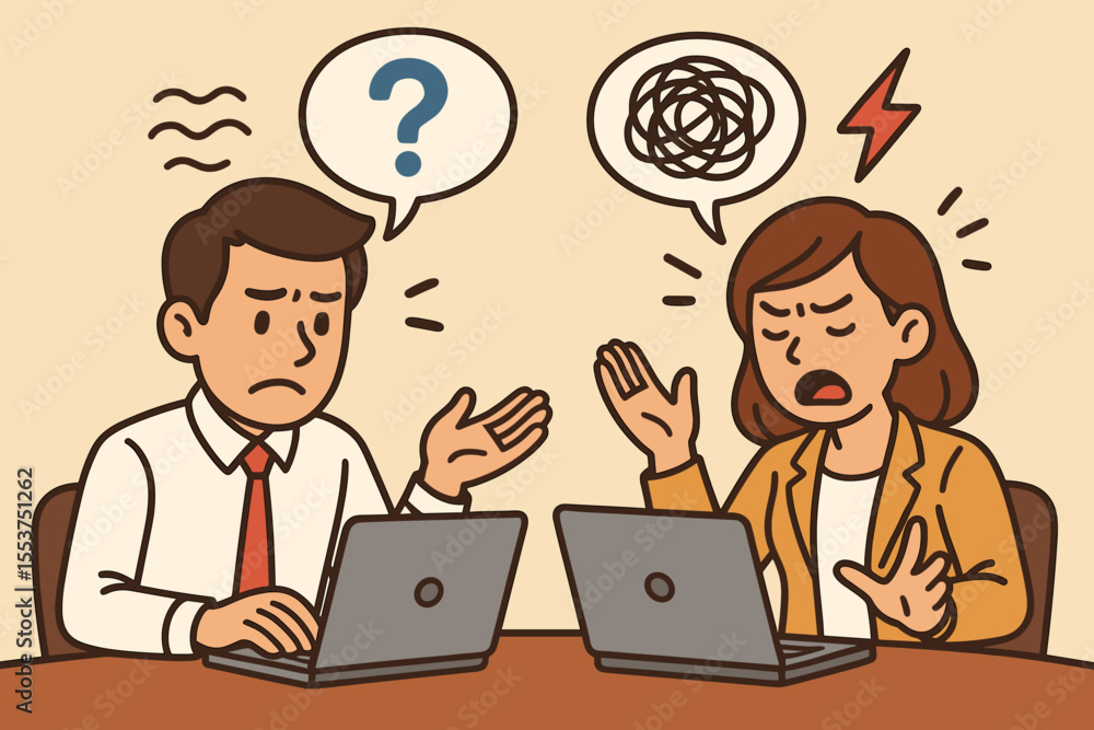 Office conflict misunderstanding and poor communication between male and female coworkers. Confused businessman and frustrated businesswoman arguing at work. Vector cartoon workplace illustration Office conflict misunderstanding and poor communication between male and female coworkers. Confused businessman and frustrated businesswoman arguing at work. Vector cartoon workplace illustration