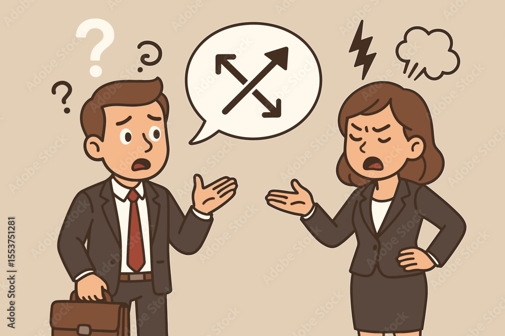 Confused Businessman and Businesswoman Arguing Misunderstanding Communication Problem. Office Conflict, Miscommunication, Workplace Stress, Vector Cartoon Illustration, Corporate Disagreement Concept Confused Businessman and Businesswoman Arguing Misunderstanding Communication Problem. Office Conflict, Miscommunication, Workplace Stress, Vector Cartoon Illustration, Corporate Disagreement Concept