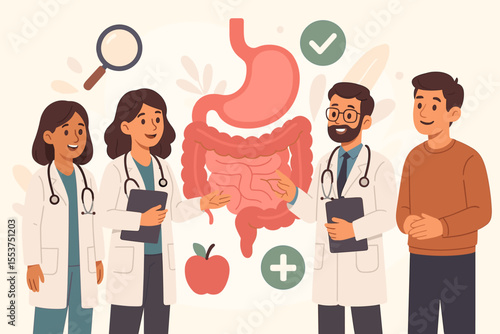 Gastroenterology consultation team advising patient on digestive health. Medical professionals, intestine anatomy, healthy nutrition, gut care, gastrointestinal system, vector illustration