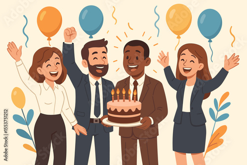 Business Team Office Birthday Celebration Vector. Diverse Colleagues in Formal Attire with Cake, Balloons, and Confetti. Workplace Party, Corporate Event, Teamwork, Happy Employees, Festive Atmosphere