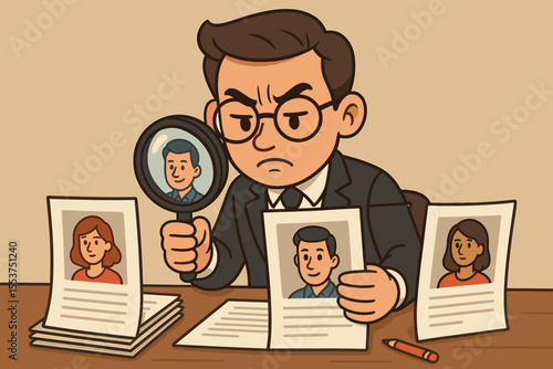 Human resources recruiter reviewing resumes for job candidates. Cartoon vector illustration of employment interview, CV selection, hiring process, recruitment manager, candidate evaluation, HR concept