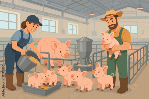 Cartoon pig farm scene with farmers feeding piglets, raising healthy pink pigs, modern barn interior, agriculture, livestock care, animal husbandry, rural farming, vector illustration