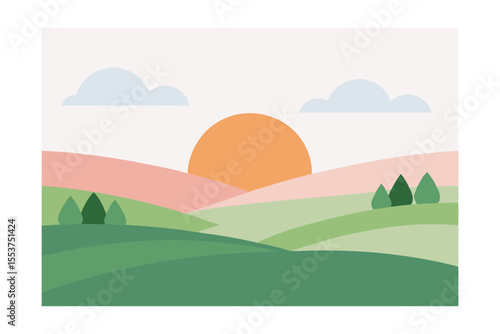 Serene Sunrise Landscape: An illustration captures the dawn, where the sun rises over rolling hills. The scene is infused with serenity, calm and beauty.