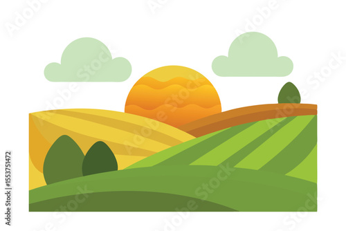 Rolling Hills at Sunset: The sun gracefully dips behind rolling hills, painting the sky with warm hues as fluffy clouds drift lazily across. Fields, textured with neatly cultivated crops.