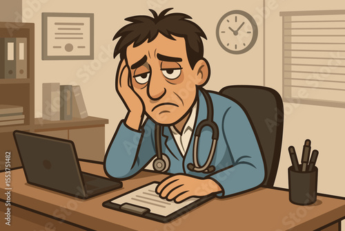 Stressed overworked doctor sitting at desk in medical office cartoon vector illustration. Exhausted physician with stethoscope, paperwork, laptop, office interior, healthcare burnout concept