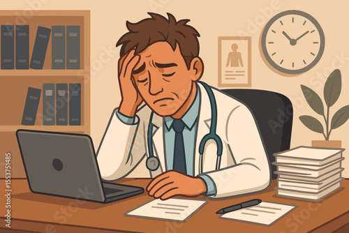 Stressed overworked doctor sitting at desk in medical office, exhausted healthcare professional with stethoscope, paperwork, laptop, burnout, deadline pressure, cartoon vector illustration