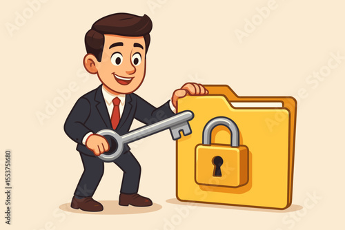 Businessman securing confidential data folder with large key, locked document protection, information security, privacy access control, cartoon vector illustration, digital safety concept