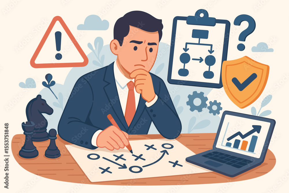 Business strategy planning risk management concept. Cartoon businessman analyzing backup plans, contingency options, decision making, process flow, growth chart, warning, chess, gears, shield Business strategy planning risk management concept. Cartoon businessman analyzing backup plans, contingency options, decision making, process flow, growth chart, warning, chess, gears, shield