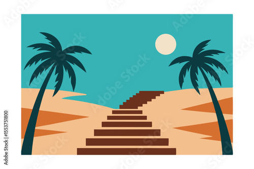Desert Oasis: A scenic illustration of a serene desert landscape featuring a staircase leading to an oasis framed by palm trees, with a moon in the sky.