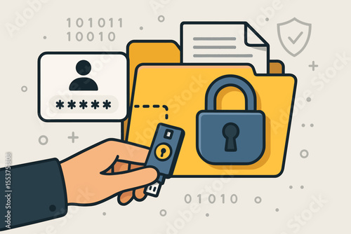 Cybersecurity Data Protection Concept. Secure Digital File Access with Password, Encryption Key, USB Security Token, Locked Folder, User Authentication. Information Privacy Vector Illustration