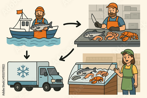 Seafood Processing and Distribution Chain Vector. Fishing Boat Catch, Fish and Shrimp Processing, Refrigerated Transport, Grocery Store Display. Supply Chain Concept Illustration