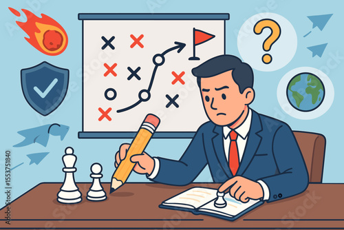 Business strategy planning risk management. Cartoon businessman creating backup contingency plans. Workflow process, chess metaphor, crisis solution, decision making, protection, global strategy