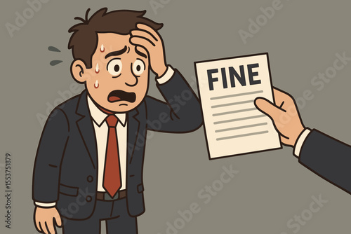 Worried businessman in suit receives penalty notice, concept of corporate misconduct, legal consequences, business fine, stress, compliance violation, vector cartoon illustration
