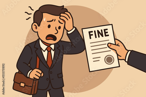 Worried businessman receives penalty notice, concept of corporate misconduct, legal issues, business fine, stress at work, compliance violation, cartoon vector illustration, office consequences
