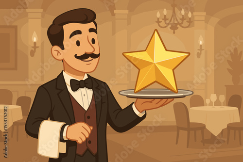 Elegant waiter in tuxedo holding golden star on silver tray, symbolizing premium service, luxury dining, five star restaurant rating, hospitality excellence, award, vector cartoon illustration