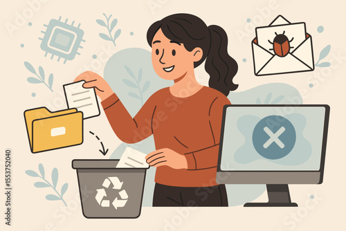 Woman deleting unnecessary files, cleaning digital memory, removing spam emails, cybersecurity data management, computer virus protection, safe online practices, cartoon vector illustration