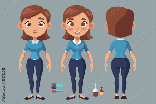 Young casual business woman character designer showcases versatile poses and outfits suitable for various professional settings and creative projects in a contemporary style