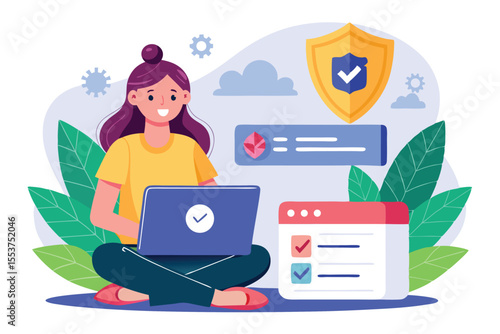Girl using secure login and password protection while working on a laptop in a bright, colorful workspace surrounded by greenery and digital security icons