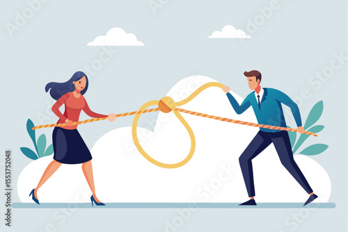 Cutting the ropes while a man and woman tug on a rope to break free in a bright, cheerful setting with clouds and plants in the background