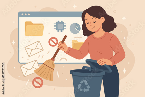 Woman Cleaning Digital Storage, Deleting Unnecessary Files, Removing Spam Emails, Data Management, Cyber Hygiene, Computer Cleanup, Organization Concept, Vector Illustration