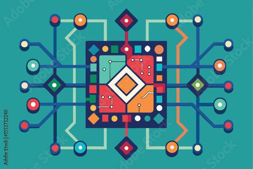 Geometric pathways of a flat circuit board showcasing electronic design with colorful shapes on a bright background