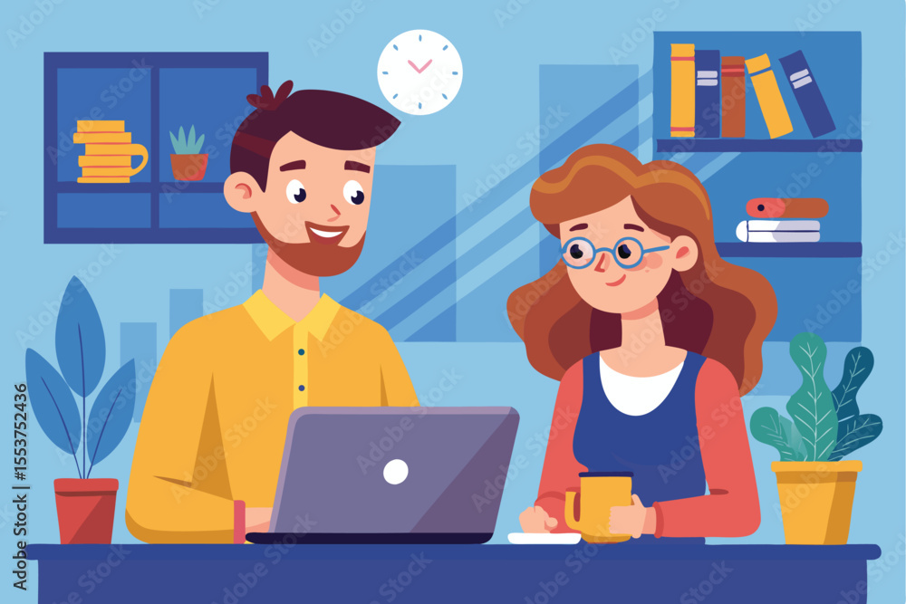 Cartoon illustration of a man and woman collaborating in a cozy workspace during the day while engaging with a laptop and enjoying coffee Cartoon illustration of a man and woman collaborating in a cozy workspace during the day while engaging with a laptop and enjoying coffee