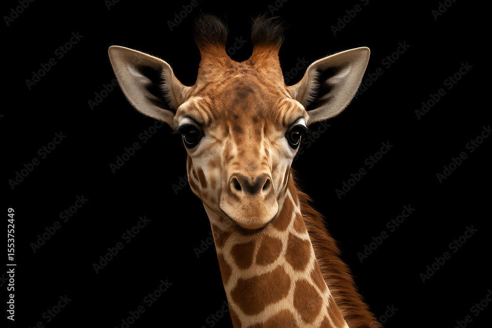 Obraz premium Striking close-up portrait of a young giraffe with captivating eyes against a stark black background, highlighting its natural beauty