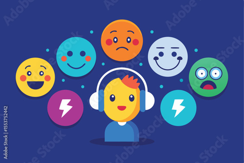 Emojis representing various emotions surround a person with headphones, showcasing a range of feelings related to music and experience enjoyment or displeasure