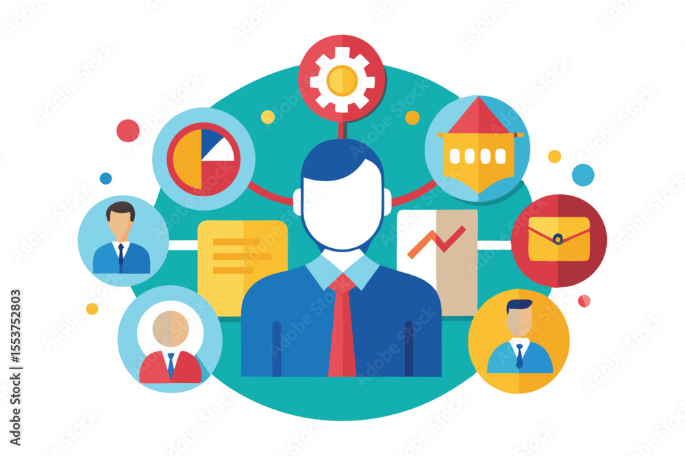 Human resource management concept illustrated with diverse icons showcasing various HR functions and activities in a colorful flat vector style Human resource management concept illustrated with diverse icons showcasing various HR functions and activities in a colorful flat vector style