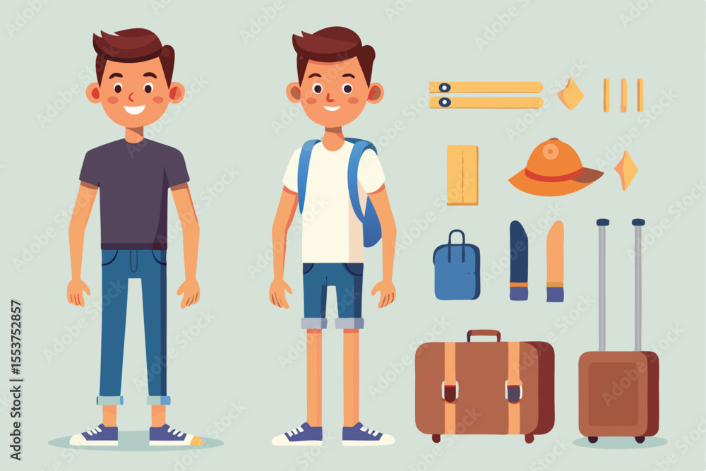 Young man ready for summer travel with a backpack and suitcase, preparing to explore new destinations during vacation time Young man ready for summer travel with a backpack and suitcase, preparing to explore new destinations during vacation time