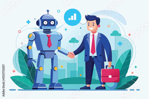 Businessman shakes hands with an artificial intelligence robot in a modern urban setting, symbolizing the future of technology and collaboration in a corporate environment