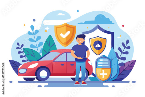Flat illustration depicting vehicle insurance concepts with a person standing beside a car, emphasizing protection and security in auto coverage