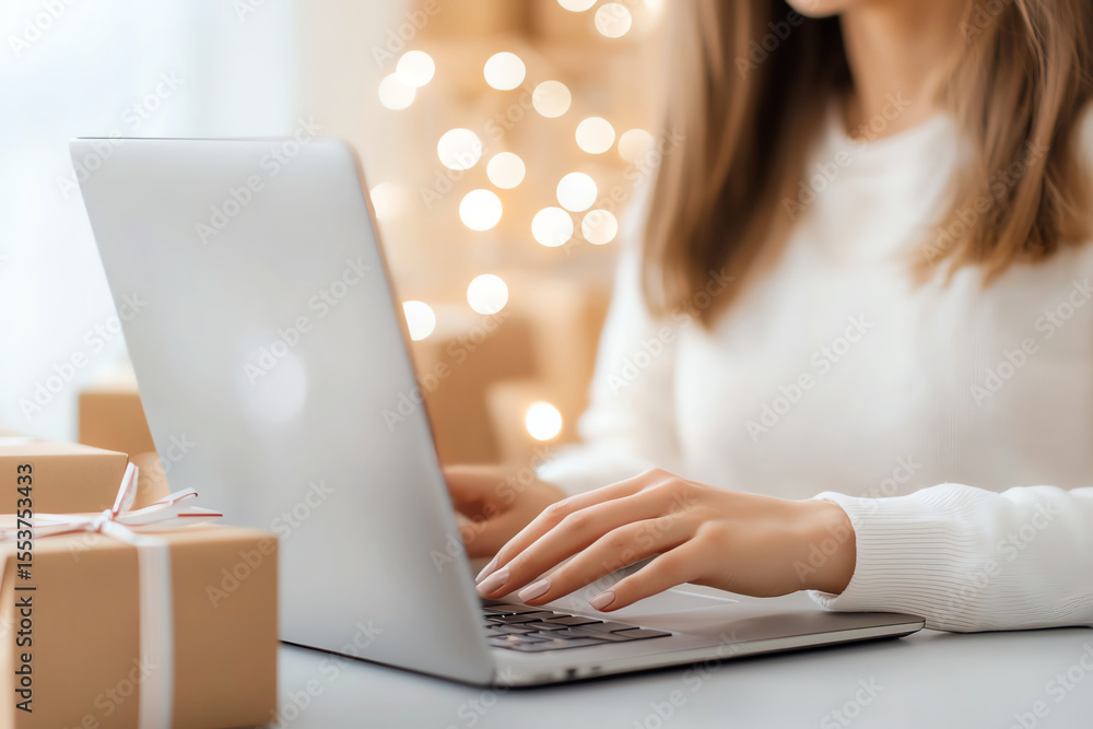 Fototapeta premium woman is sitting at table, using laptop while surrounded by wrapped gifts, creating cozy and festive atmosphere. soft bokeh lights in background enhance warm feeling of scene
