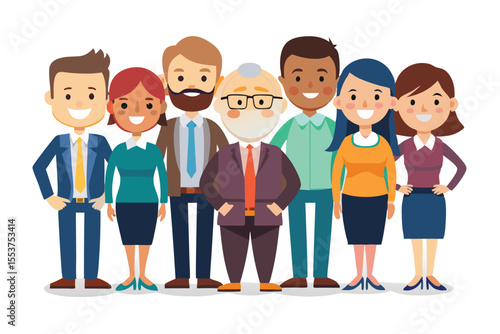 Business team of winners celebrating success with smiles and teamwork in a vibrant vector cartoon style illustration