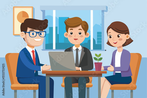 Job interview in office setting featuring three professionals engaging in discussion while reviewing a laptop