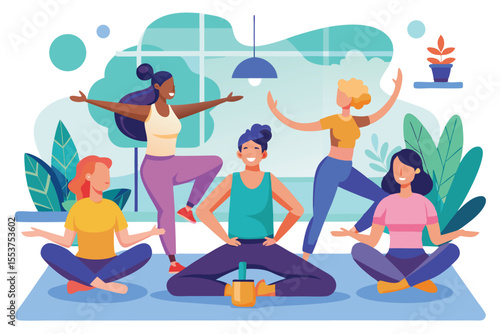 Yoga practitioners in a relaxing studio environment engage in a group class focusing on wellness and mindfulness during a sunny afternoon