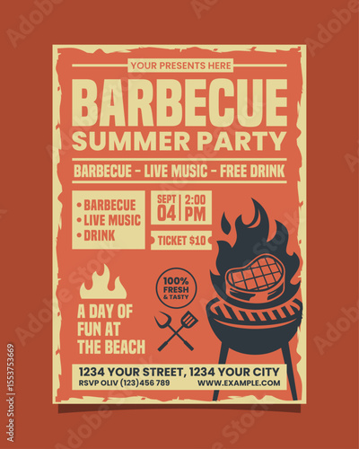 Barbecue Summer Party Vertical Portrait flyer, BBQ invitation poster vector template design