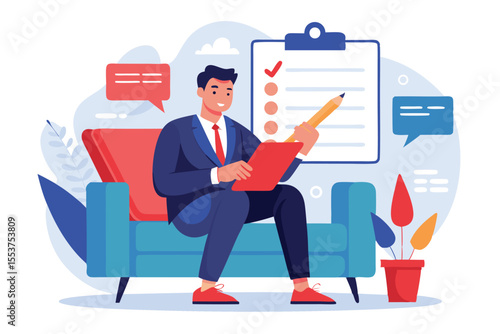 Businessman reviews job vacancies with a red pencil while seated on a couch and planning the recruitment process in a modern office setting
