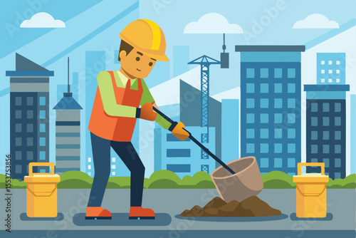 Construction worker mixes cement at urban site during daylight, demonstrating essential building skills in a bustling cityscape